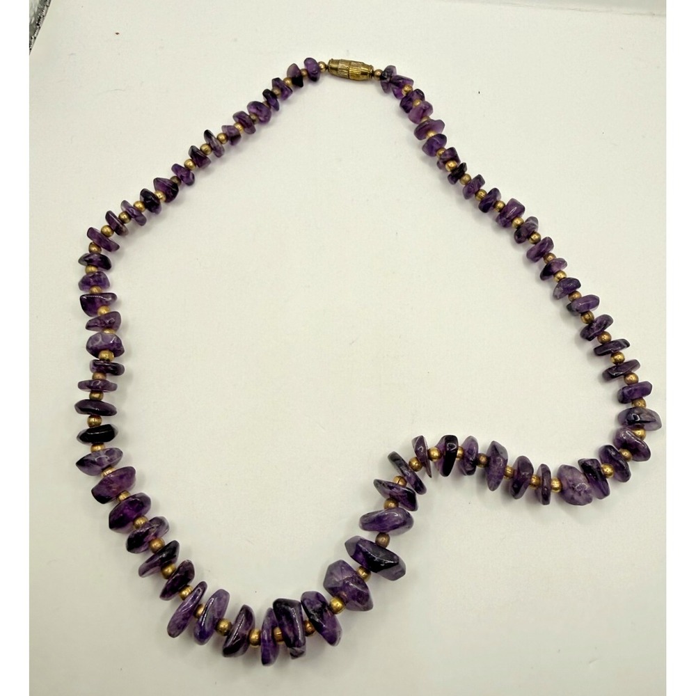 Vtg Amethyst Necklace Chip Bead Purple‎ Stone Nugget Gold Tone Boho 18"